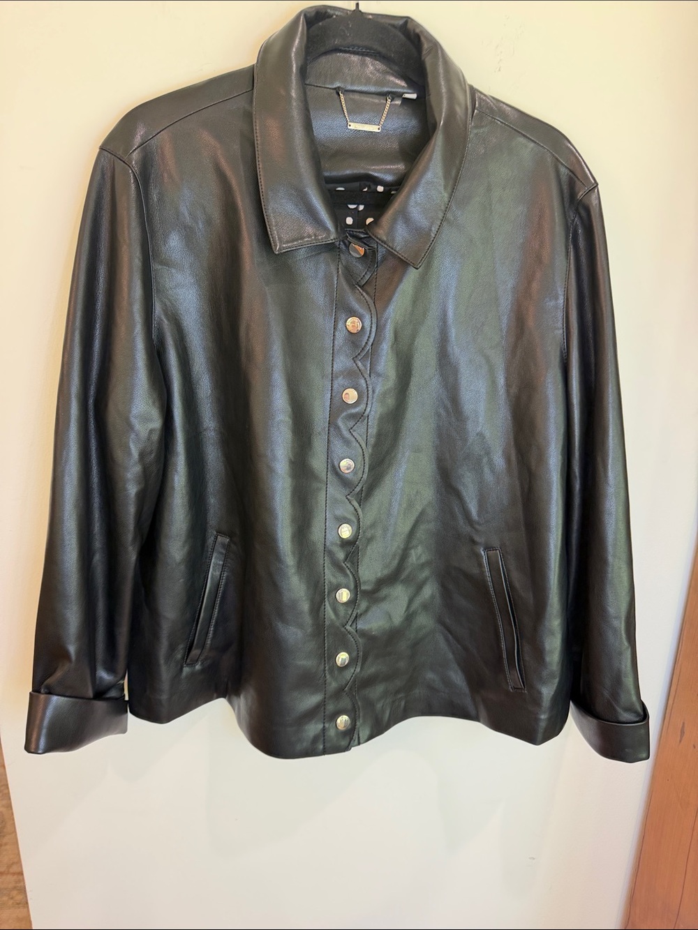 Chico's Black Faux Leather Button-Front Jacket with Scalloped Edge, L